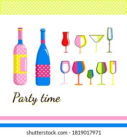 Champagne bottles and different types,form wine glasses in Pop Art style.Collection for Home Party. Bar utensils in trendy colors.Tumbler for cocktails.Birthday invitation,holiday celebration.Vector