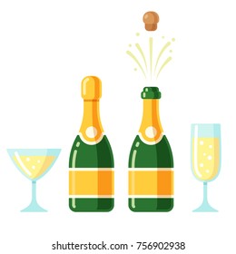 Champagne bottles and glasses cartoon icon set. Closed and opening bottle, and two flutes filled with sparkling wine. Simple flat cartoon style vector illustration.