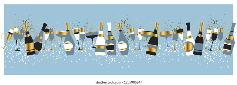 Champagne bottles and glasses color vector illustration. Holiday celebration. Alcohol drinks on blue background. Christmas, New Year party. Toast, cheers. Horizontal banner, invitation, poster design