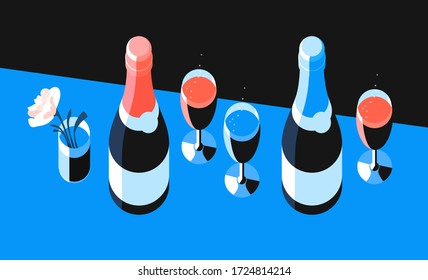 Champagne bottles, glasses and flower, top view. Vector illustration