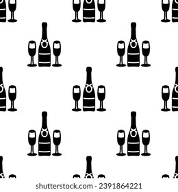 Champagne bottles and glasses seamless pattern. New Year celebration, birthday, wedding. Vector illustration