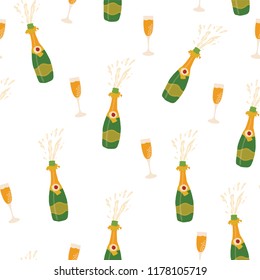 Champagne bottles and glasses vector seamless pattern background. Hand drawn illustration of champagne explosion and champagne flutes. Great for Party, New Years Eve, Christmas, Holidays, card, invite