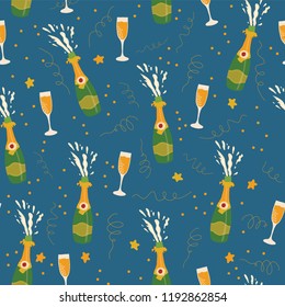 Champagne bottles and glasses vector seamless pattern on blue background. Hand drawn champagne explosion and champagne flutes. Coordinate for sip and see collection. Party invitation, holiday card