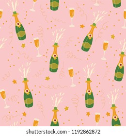 Champagne bottles and glasses vector seamless pattern on pink background. Hand drawn champagne explosion and champagne flutes. Coordinate for sip and see collection. Party invitation, holiday card