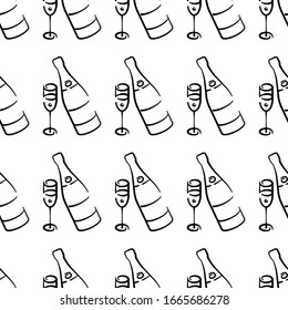 Botellas de champán y vasos vectoriales sin fisuras sobre fondo blanco. Antecedentes de vacaciones en blanco y negro dibujados a mano. Diseño para textil, envoltura, impresión.