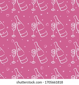 Champagne bottles and glasses vector seamless pattern on pink background. Pink and white holiday background hand-drawn. Design for wrapping, print.