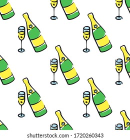 Champagne bottles and glasses vector seamless pattern on white background. Color holiday background hand-drawn. Design for textile, print
