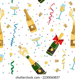 Champagne bottles and glasses vector seamless pattern on white background. Champagne explosion and champagne flutes. Holiday seamless pattern with sham and extracted cork. Confetti, serpentine. Vector