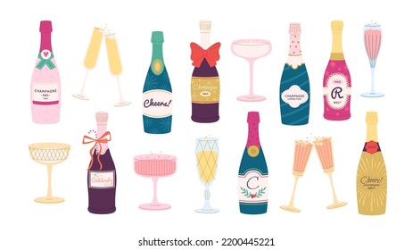 Champagne bottles, prosecco sparkling bottle and glasses. Vintage flat celebration party, new year holiday or wedding. Alcohol cheers racy vector elements