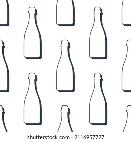 Champagne bottles seamless pattern. Line art style. Outline image. Black and white repeat template. Party drinks concept. Illustration on white background. Flat design style for any purposes. Vector.