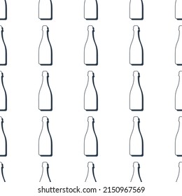 Champagne bottles seamless pattern. Line art style. Outline image. Black and white repeat template. Party drinks concept. Illustration on white background. Flat design style for any purposes. Vector.
