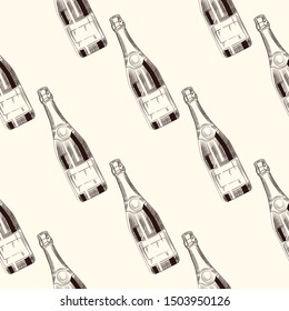 Champagne bottles seamless pattern. Sparkling wine backdrop. Engraving style. Design for fabric, textile print, wrapping paper. Vector illustration