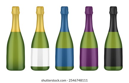 Champagne bottles. White, blue, purple and black labels. Green glass. Gold foil