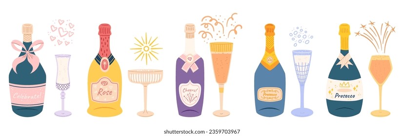 Botellas de champán y gafas de vino, Vino espumoso, Efervescencias con celebración. Se Rellena Con Claridad Con Un Vidrio, Burbujas De Oro Bailando, Elegancia Y Festividad Impecables. Ilustración del vector de dibujos animados
