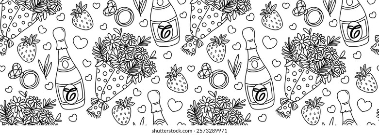 Champagne, bouquet of flowers and strawberry doodle pattern. Engagement ring with diamond heart shape. Romantic background for Valentine's Day. Wrapping Vector outline illustration.