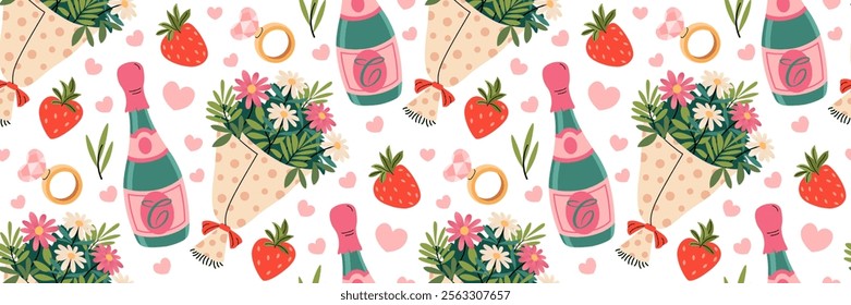 Champagne, bouquet of flowers and strawberry seamless pattern. Engagement ring with diamond heart shape. Romantic background for Valentine's Day. Gift for your dear lover. Wrapping Vector illustration