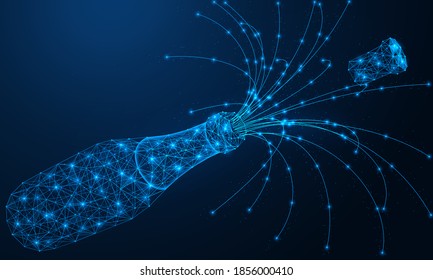 Champagne. Bright splashes with a cork fly out of the bottle. Low-poly design of interlocking lines and dots. Blue background.