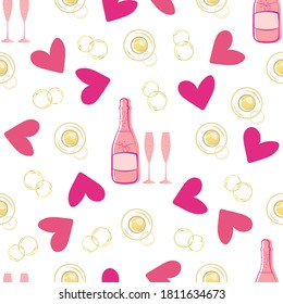Champagne bubble and hearts seamless vector pattern background. Gold, pink, white backdrop of bottles, drink glasses, sparkling circles. Elegant rose wine repeat for engagement, Valentine celebration