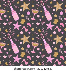 Champagne bubbles, bottles and glasses seamless pattern for birthday card, wrapping paper, stationery or fabric. Cartoon style.