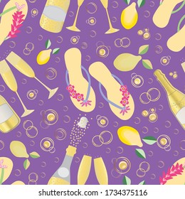 Champagne bubbles and flip flop shoe vector seamless pattern background. Hand drawn bottles, sparkling wine, sandals, lemons on purple backdrop. All over print for beach hen party, celebration concept
