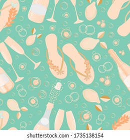 Champagne bubbles and flip flop shoe vector seamless pattern background. Hand drawn bottles sparkling wine, sandals, lemons coral teal backdrop. All over print for beach hen party, celebration concept