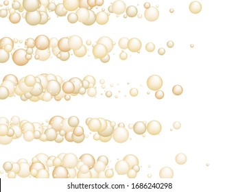 Champagne bubbles vector background illustration. Gold air bubbles of champagne or lemonade soda. Yellow fizz bubbly foam background. Sparkling wine oxygen closeup illustration.