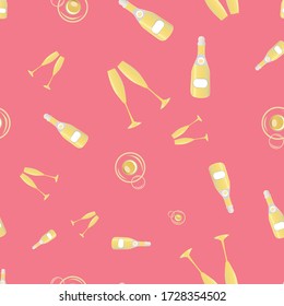 Champagne bubbles vector seamless pattern background. Hand drawn bottles, glasses, fizzy drink pink gold backdrop. Elegant sparkling wine repeat illustration. All over print for party celebration