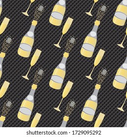 Champagne bubbles vector seamless pattern background. Hand drawn bottles, glasses, fizzy drink black gold backdrop. Elegant sparkling wine repeat illustration. All over print for party celebration