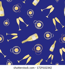Champagne bubbles vector seamless pattern background. Hand drawn bottles, glasses, fizzy drink indigo gold backdrop. Elegant sparkling wine repeat illustration. All over print for party celebration