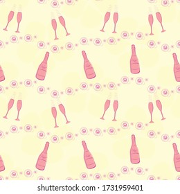Champagne bubbles vector seamless pattern background. Horizontal chains of fizzy drops, bottles, glasses pink yellow backdrop. Elegant geometric design. All over print for party celebration concept
