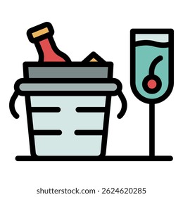 Champagne in a bucket with ice icon. Outline champagne in a bucket with ice vector icon color flat isolated