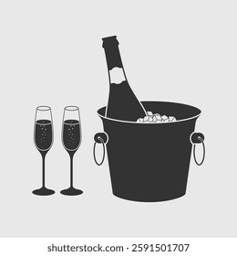 Champagne in a bucket with ice and two glasses graphic icon. Champagne sign isolated on white background. Vector illustration