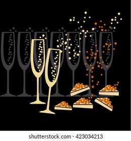 Champagne And Caviar Silhouette On Black Background