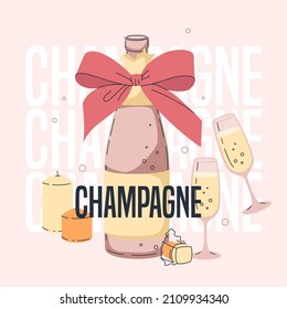 Champagner-Feier, Vektordesign. Beige und rosafarbene Illustration mit einer Flasche Sekt, Brillen, Kerzen und Weinkork. Jubiläum, Dating, Valentinkonzept.