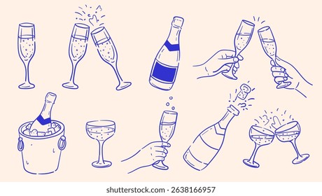 Champagne celebration doodle set with clinking glasses, sparkling wine, popping bottles, and toast moments perfect for New Year parties, wedding designs, event invitations, and festive branding
