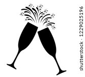 Champagne celebration icon. Clinking and toasting with two festive glasses of champagne and sparkling fireworks. Vector Illustration