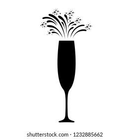 Champagne celebration icon. Festive champagne glass with sparkling fireworks. Vector Illustration