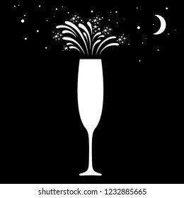 Champagne celebration icon. Festive champagne glass with sparkling fireworks on night sky background. Vector Illustration