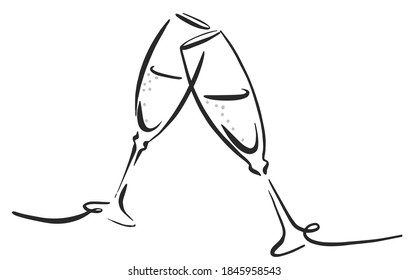 Champagne cheers sketch hand drawn. Engraving style Vector illustration line art