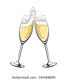 Champagne cheers. Vector hand drawn champagne glasses in toast, luxury cheersing sketch icon, romantic or celebration drink