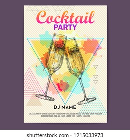 Champagne clinking glasses on artistic polygon watercolor background. Cocktail disco party poster