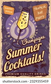 Champagne Cocktail Retro poster. Cocktail lounge vintage sign,