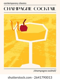 Champagne cocktail. Vector illustration of classic alcoholic drink with cherry and lemon peel. Yellow poster with elegant champagne cup. Contemporary poster for bar, restaurants and menu.
