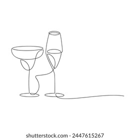 Champagne cocktail wine glass set line continuous drawing. Hand drawn vector illustration. Linear silhouette. Minimal design, print, banner, card, bar wall art poster, brochure, menu, logo, sketch.