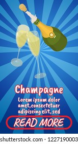 Champagne concept banner. Isometric banner of champagne comics vector concept for web, giftcard and postcard