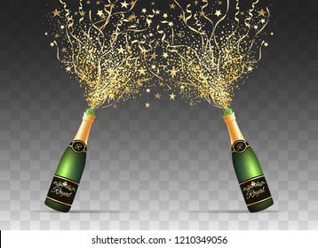 Champagne confetti bottles. Opening christmas bottle with ribbons splash isolated on transparent for new year party, night celebration, vector illustration