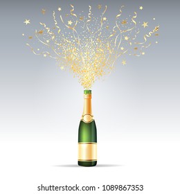 Champagne Confetti Party. Opening Champagne Bottle Exploding Frothy Serpentine And Confetti For Award Or Holiday Background Vector Illustration