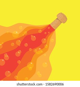 A champagne cork popping with trail of liquid and bubbles. Flat style in orange and yellow tones. Suitable for festive invitations or celebration cards. ESP10 vector format.
