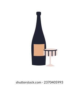 Champagne and coupe glass. Wine bottle and wineglass. Alcohol drink and goblet. Bar beverage, prosecco and bocal, stemware. Flat vector illustration isolated on white background