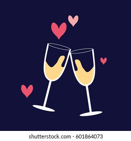 Champagne couple glasses with hearts. Holiday design vector illustration